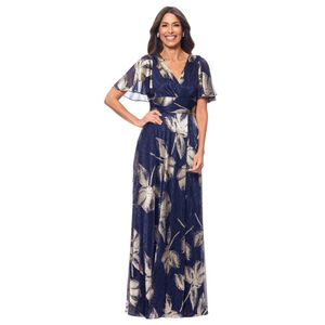 BETSY & ADAM Chloe Blue & Gold Metallic Foil Floral Dress Flutter Sleeve Size 4